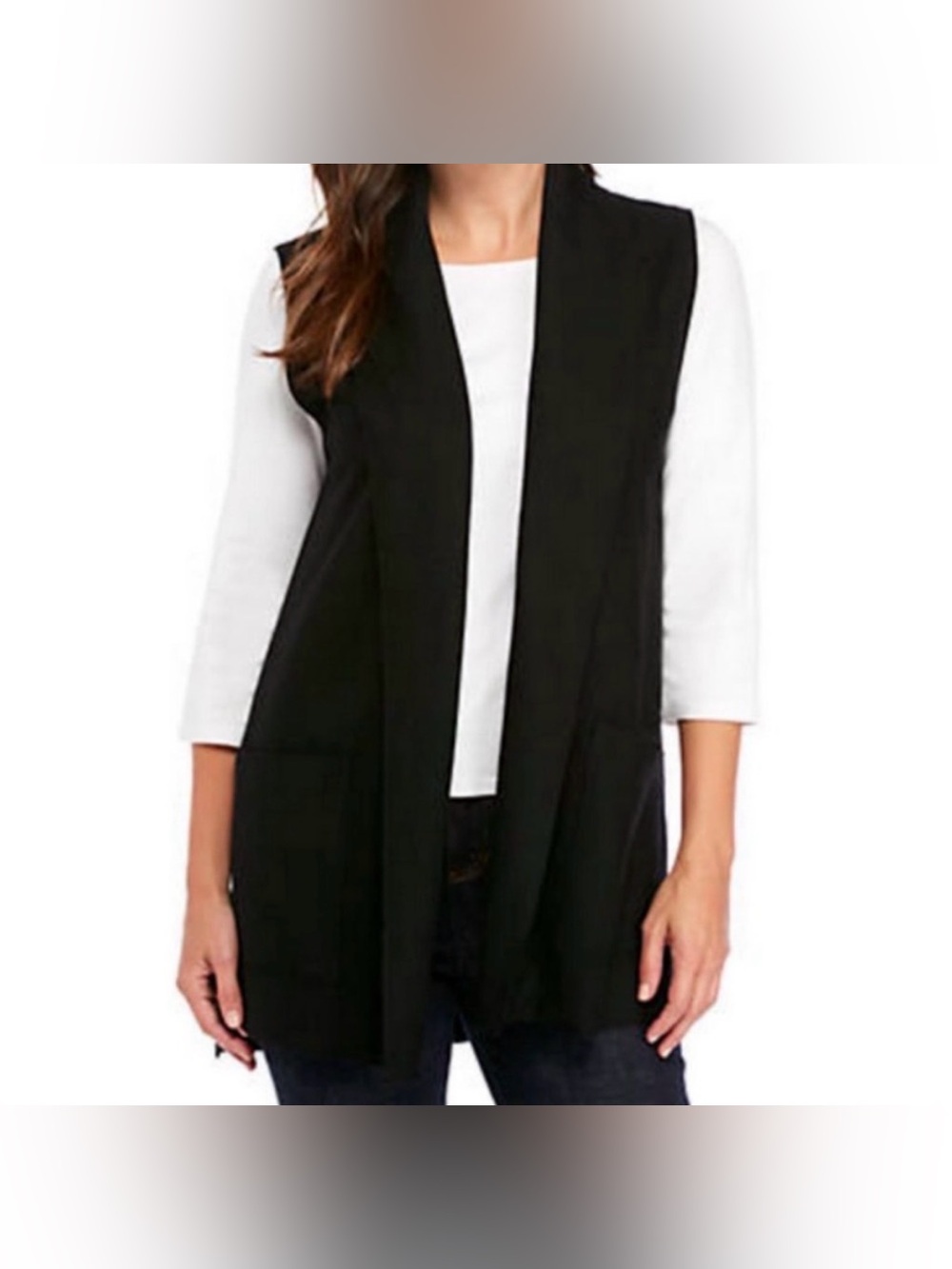 Eileen Fisher 100% Italian Yarn Wool Sleeveless Black Sweater Vest Cardigan sz S